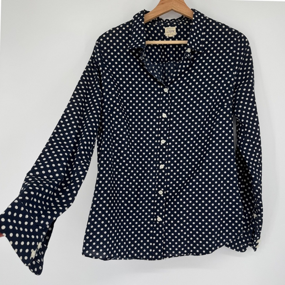 J Crew Perfect Shirt Navy Polka Dot Cotton Button Down Sz M Preppy Dark Academia
